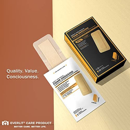 EVERLIT Care Silikon-Schaumstoff-Wundverband mit Kleberand | Hochsaugfähige hypoallergene Bandagen für chronische Wunden, Druckgeschwüre, Dekubitus | Sanfte & sichere Haftung (5 cm x 12,5 cm | 10er-Pack)