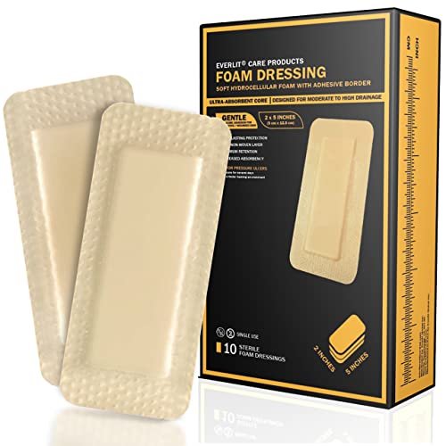 EVERLIT Care Silikon-Schaumstoff-Wundverband mit Kleberand | Hochsaugfähige hypoallergene Bandagen für chronische Wunden, Druckgeschwüre, Dekubitus | Sanfte & sichere Haftung (5 cm x 12,5 cm | 10er-Pack)
