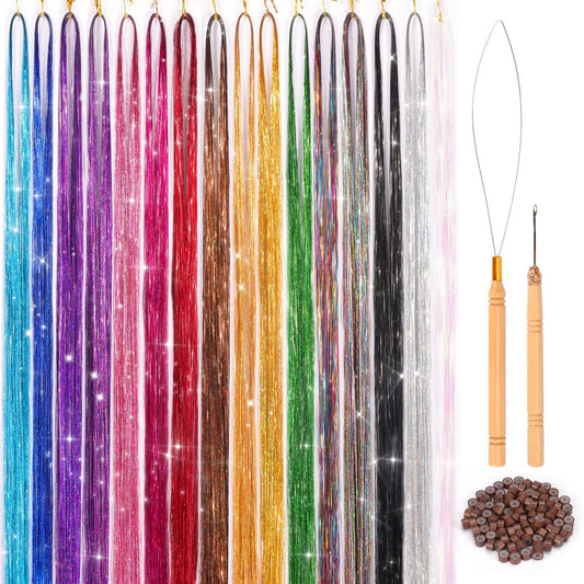 16 Farben Haar Tinsel Set – 48 Zoll 3300 Strähnen Glitzer Haarverlängerungen für Weihnachten, Halloween, Cosplay