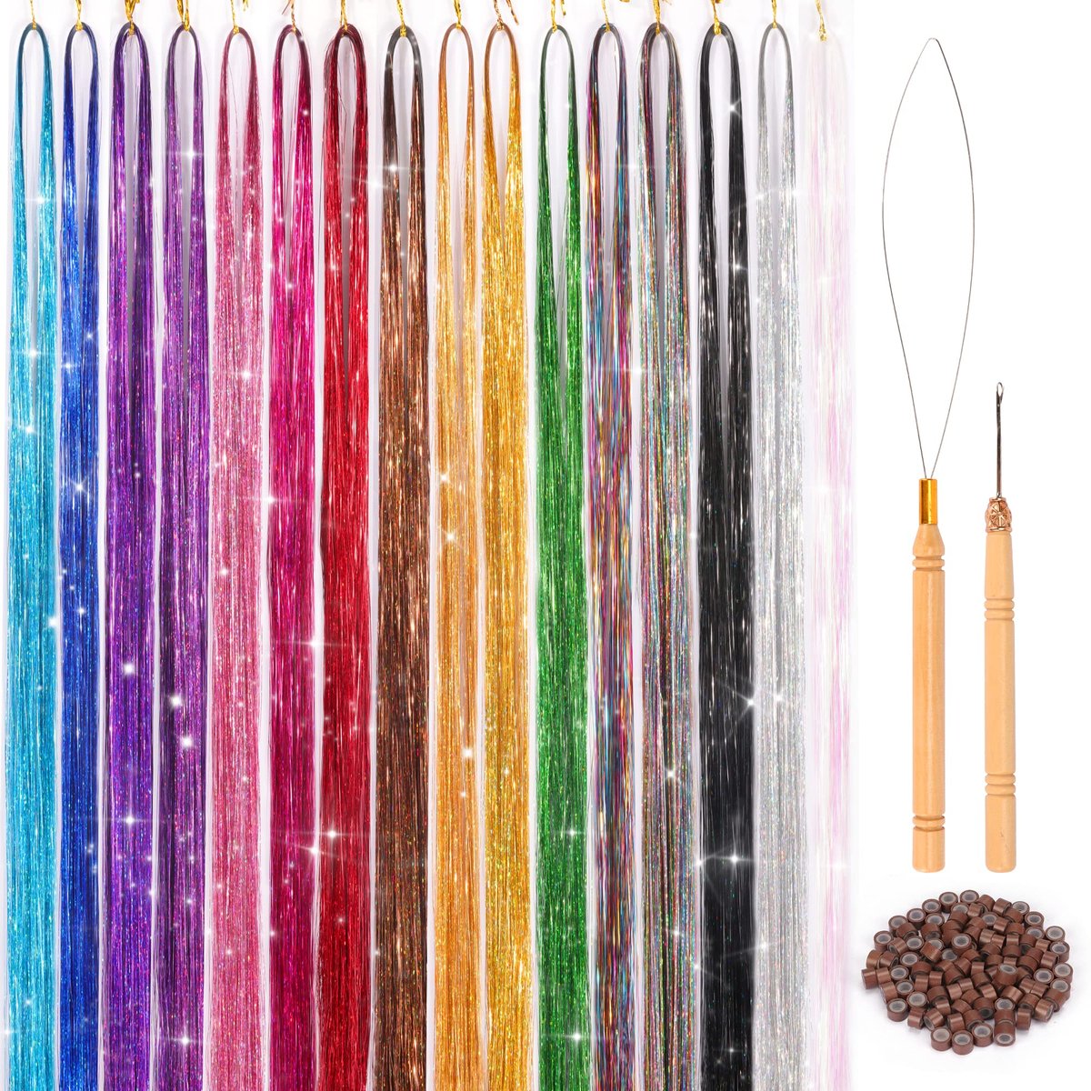 16 Farben Haar Tinsel Set – 48 Zoll 3300 Strähnen Glitzer Haarverlängerungen für Weihnachten, Halloween, Cosplay