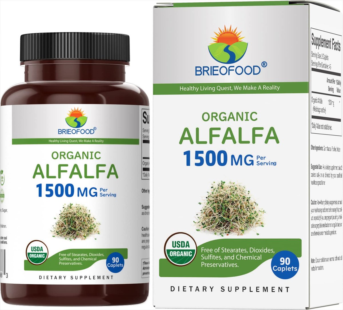 Brieofood Bio Alfalfa 1500mg, 45 Portionen, Vegetarisch, Glutenfrei, 90 Vegane Tabletten