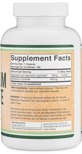 Magnesiumglycinat 400 mg | 180 Kapseln | Unterstützung für Schlaf, Muskeln & Herz | Vegan, drittanbietergetestet, glutenfrei, non-GMO | von Double Wood Supplements