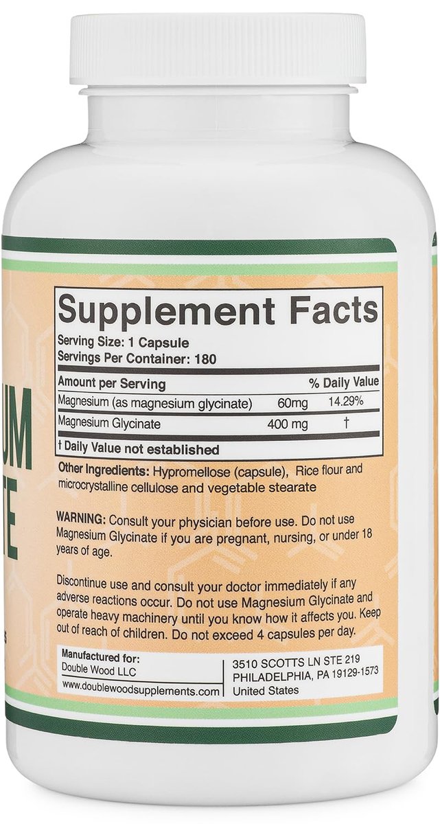 Magnesiumglycinat 400 mg | 180 Kapseln | Unterstützung für Schlaf, Muskeln & Herz | Vegan, drittanbietergetestet, glutenfrei, non-GMO | von Double Wood Supplements