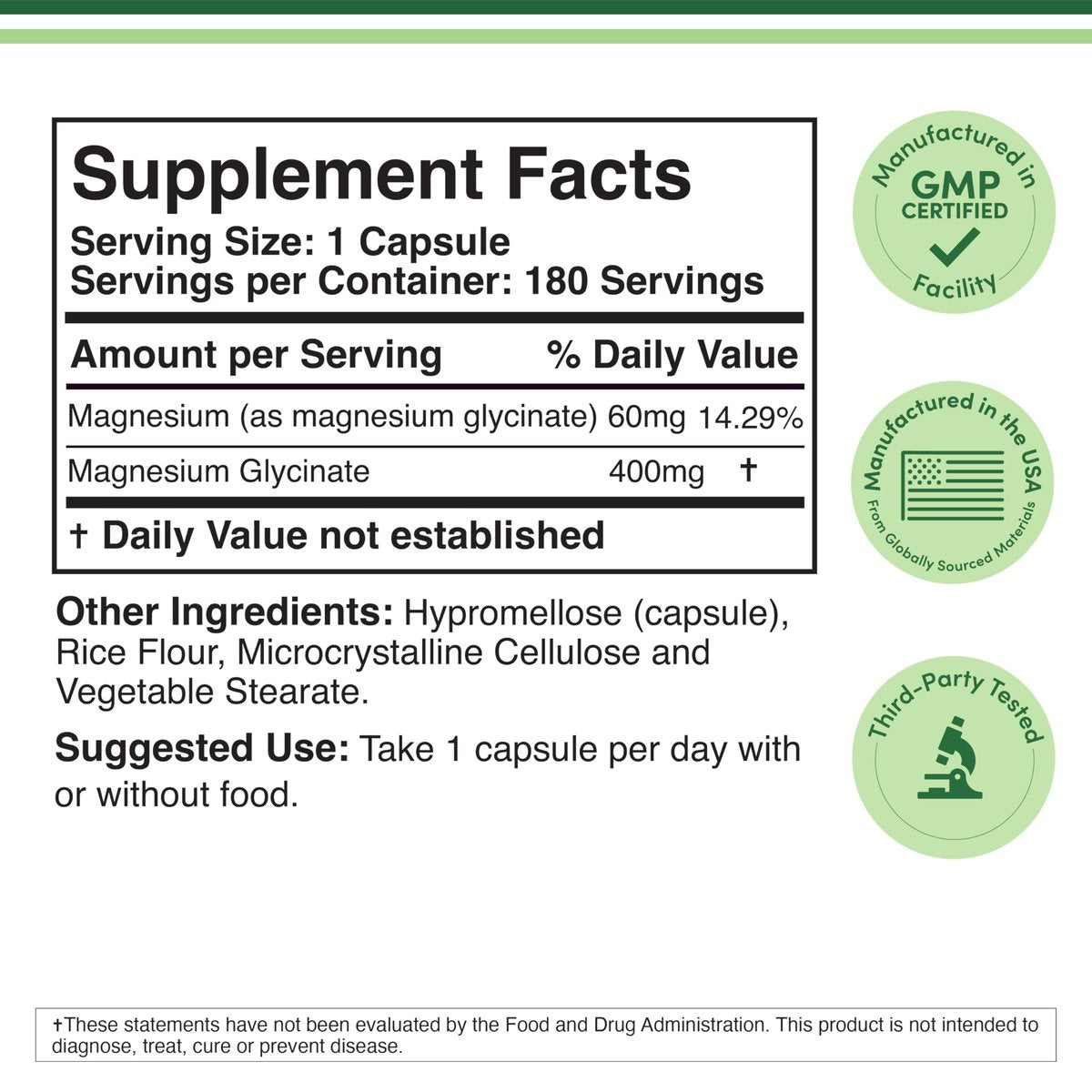 Magnesiumglycinat 400 mg | 180 Kapseln | Unterstützung für Schlaf, Muskeln & Herz | Vegan, drittanbietergetestet, glutenfrei, non-GMO | von Double Wood Supplements