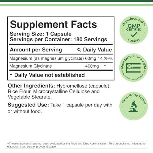 Magnesiumglycinat 400 mg | 180 Kapseln | Unterstützung für Schlaf, Muskeln & Herz | Vegan, drittanbietergetestet, glutenfrei, non-GMO | von Double Wood Supplements