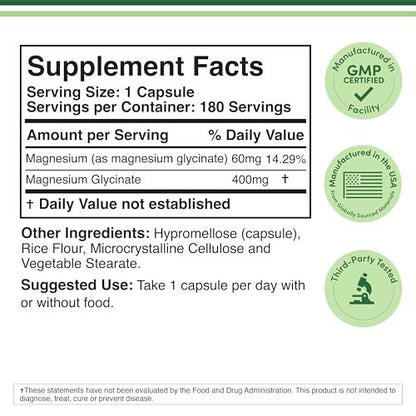 Magnesiumglycinat 400 mg | 180 Kapseln | Unterstützung für Schlaf, Muskeln & Herz | Vegan, drittanbietergetestet, glutenfrei, non-GMO | von Double Wood Supplements