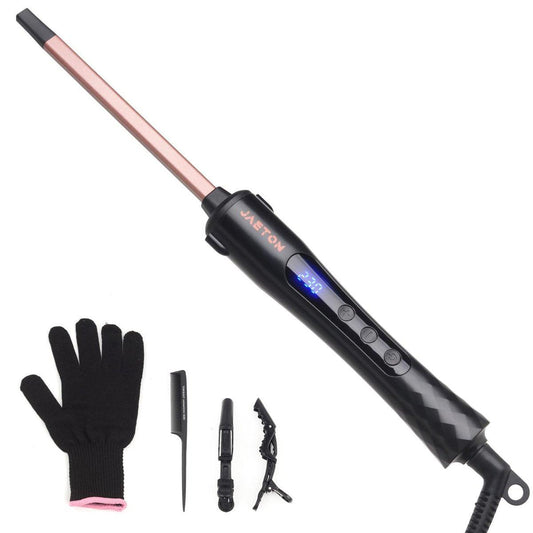 JAETON Lockenstab 3/8 Zoll (9 mm) für kurze und lange Haare, Professioneller Keramik-Lockenstab mit Hitzebeständigem Handschuh, Rose Gold
