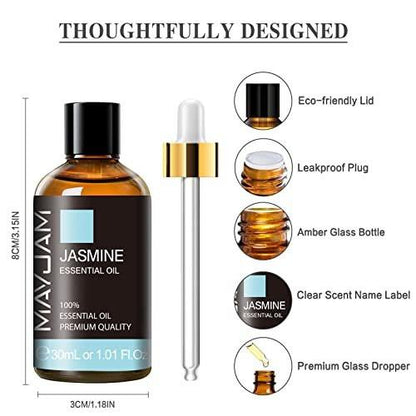 Jasmin ätherisches Öl 30ml / 1,01 Fl.oz – MAYJAM reines Jasminöl für Aromatherapie, Massage, DIY-Seife, ideal für Yoga zu Hause