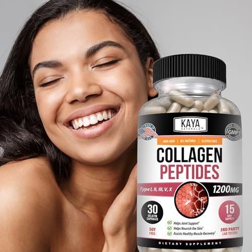 Kaya Naturals Multi-Collagen-Peptiden-Komplex-Pulver für Frauen und Männer – Kapseln mit Kollagen Typ I, II, III, V & X für Haare, Haut, Nägel und Anti-Aging – 30 Kapseln
