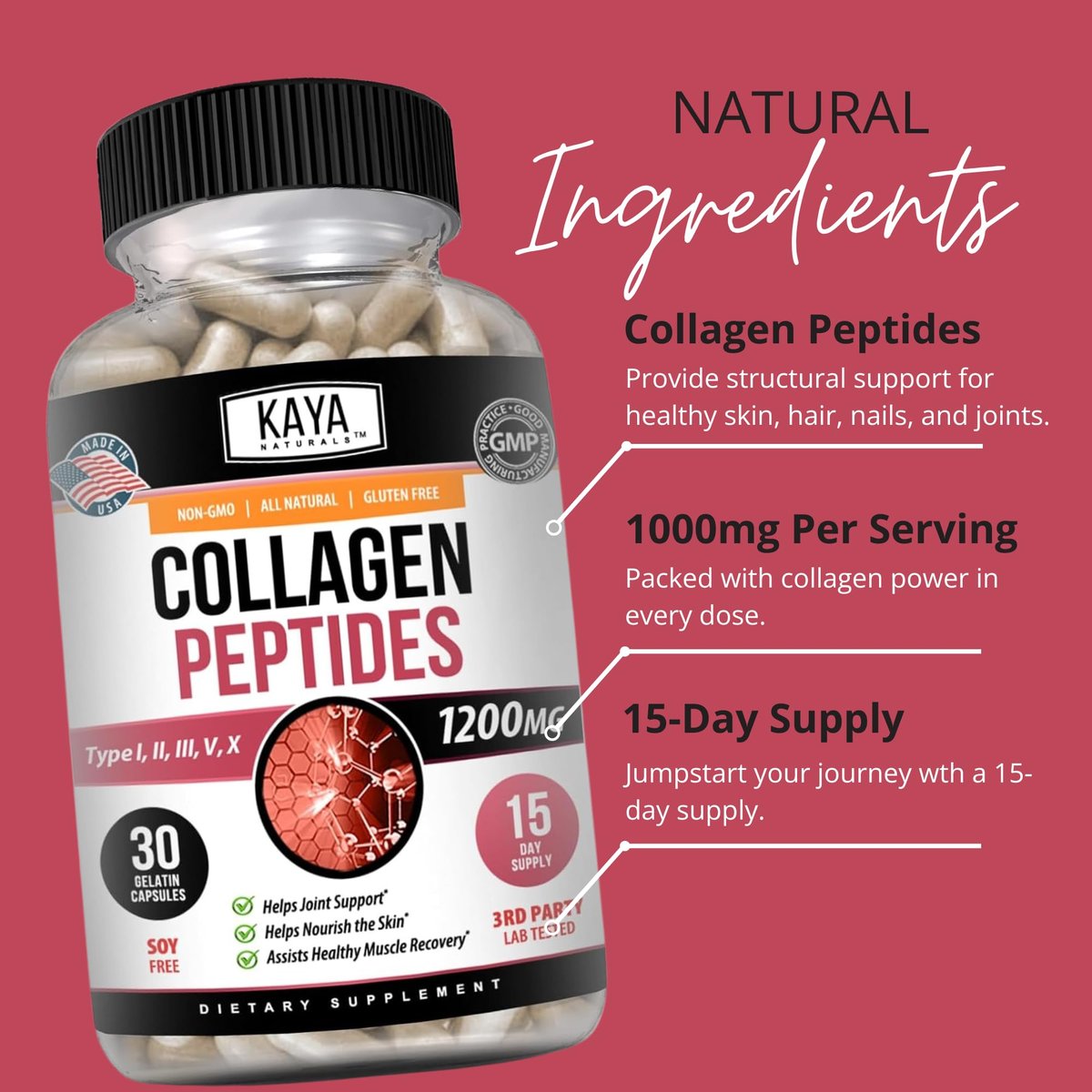 Kaya Naturals Multi-Collagen-Peptiden-Komplex-Pulver für Frauen und Männer – Kapseln mit Kollagen Typ I, II, III, V & X für Haare, Haut, Nägel und Anti-Aging – 30 Kapseln