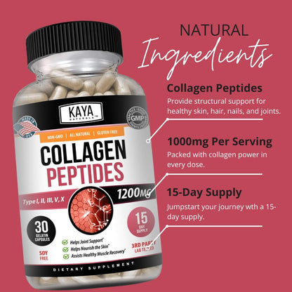 Kaya Naturals Multi-Collagen-Peptiden-Komplex-Pulver für Frauen und Männer – Kapseln mit Kollagen Typ I, II, III, V & X für Haare, Haut, Nägel und Anti-Aging – 30 Kapseln