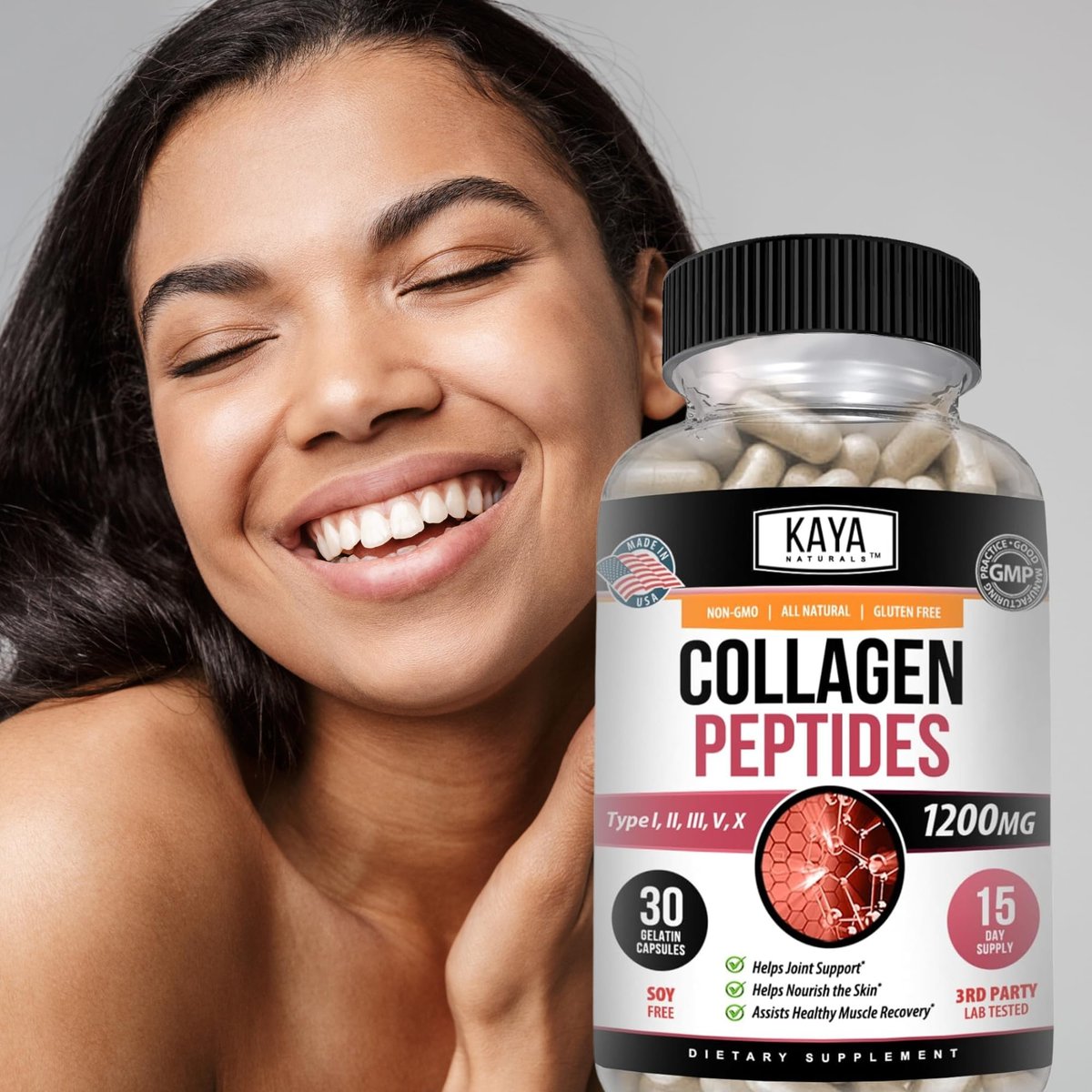 Kaya Naturals Multi-Collagen-Peptiden-Komplex-Pulver für Frauen und Männer – Kapseln mit Kollagen Typ I, II, III, V & X für Haare, Haut, Nägel und Anti-Aging – 30 Kapseln