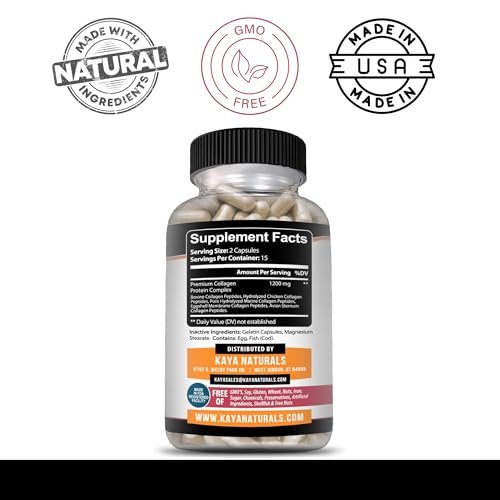 Kaya Naturals Multi-Collagen-Peptiden-Komplex-Pulver für Frauen und Männer – Kapseln mit Kollagen Typ I, II, III, V & X für Haare, Haut, Nägel und Anti-Aging – 30 Kapseln
