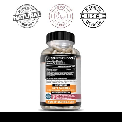 Kaya Naturals Multi-Collagen-Peptiden-Komplex-Pulver für Frauen und Männer – Kapseln mit Kollagen Typ I, II, III, V & X für Haare, Haut, Nägel und Anti-Aging – 30 Kapseln