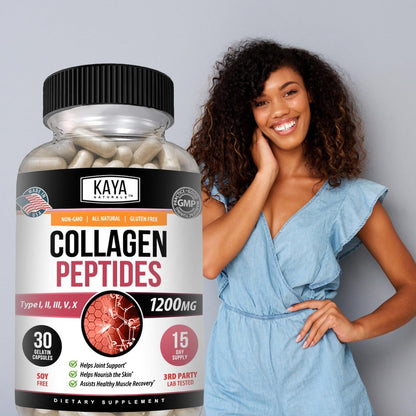 Kaya Naturals Multi-Collagen-Peptiden-Komplex-Pulver für Frauen und Männer – Kapseln mit Kollagen Typ I, II, III, V & X für Haare, Haut, Nägel und Anti-Aging – 30 Kapseln