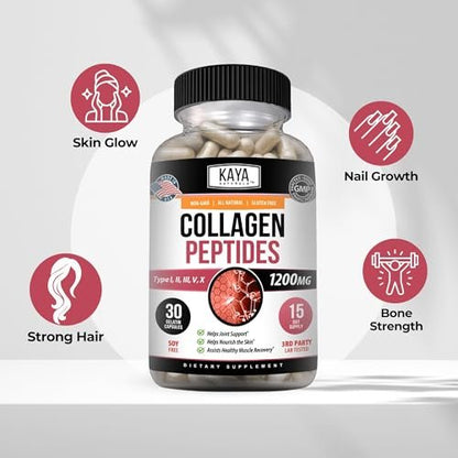 Kaya Naturals Multi-Collagen-Peptiden-Komplex-Pulver für Frauen und Männer – Kapseln mit Kollagen Typ I, II, III, V & X für Haare, Haut, Nägel und Anti-Aging – 30 Kapseln