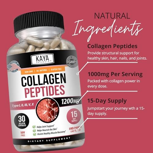 Kaya Naturals Multi-Collagen-Peptiden-Komplex-Pulver für Frauen und Männer – Kapseln mit Kollagen Typ I, II, III, V & X für Haare, Haut, Nägel und Anti-Aging – 30 Kapseln