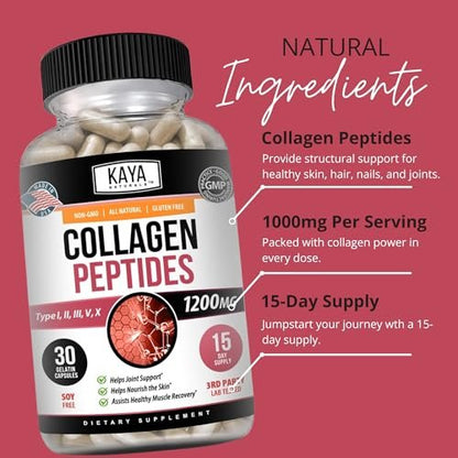Kaya Naturals Multi-Collagen-Peptiden-Komplex-Pulver für Frauen und Männer – Kapseln mit Kollagen Typ I, II, III, V & X für Haare, Haut, Nägel und Anti-Aging – 30 Kapseln