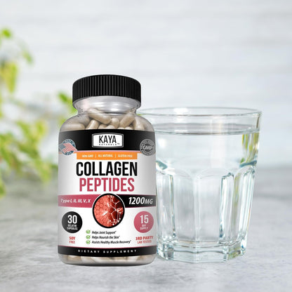 Kaya Naturals Multi-Collagen-Peptiden-Komplex-Pulver für Frauen und Männer – Kapseln mit Kollagen Typ I, II, III, V & X für Haare, Haut, Nägel und Anti-Aging – 30 Kapseln