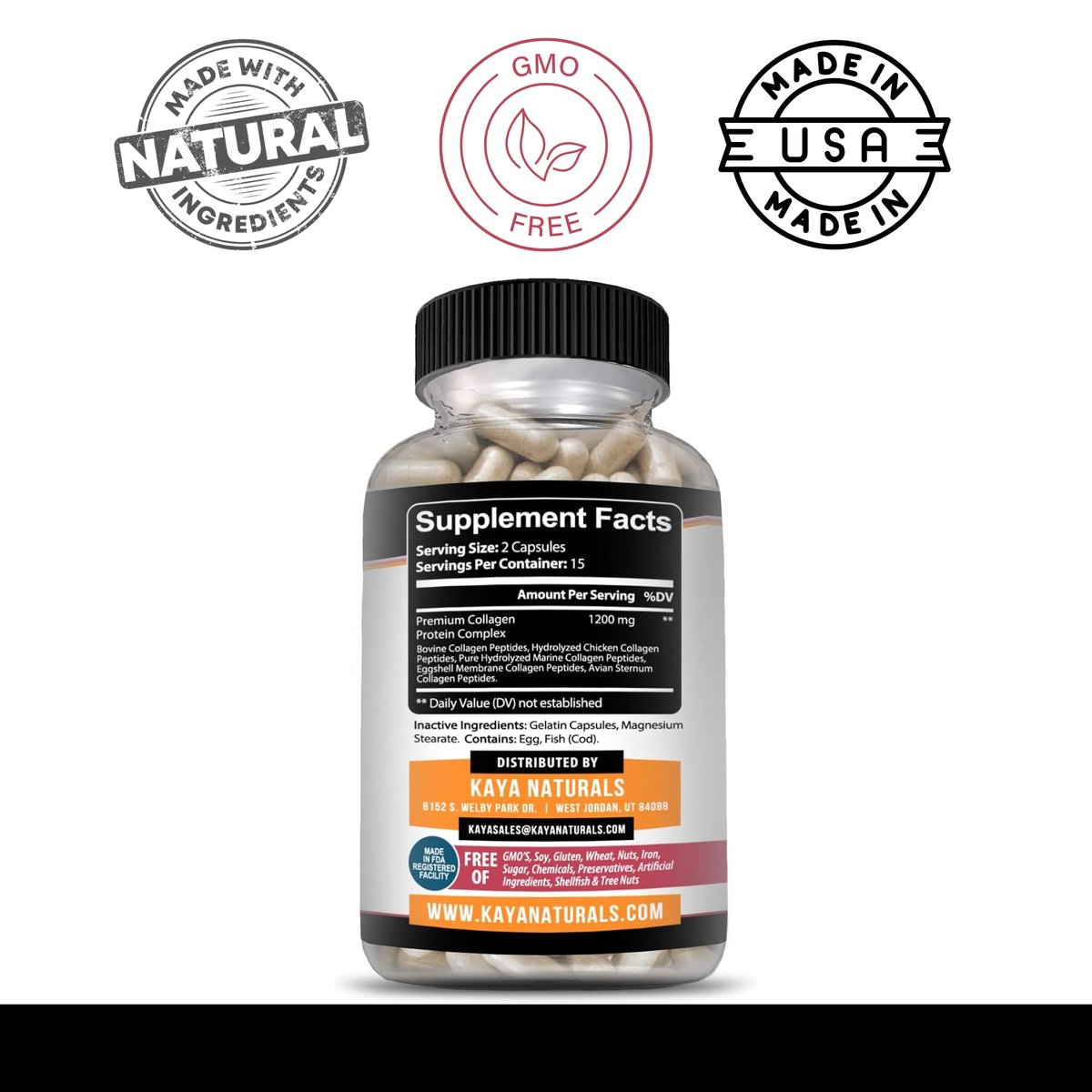 Kaya Naturals Multi-Collagen-Peptiden-Komplex-Pulver für Frauen und Männer – Kapseln mit Kollagen Typ I, II, III, V & X für Haare, Haut, Nägel und Anti-Aging – 30 Kapseln