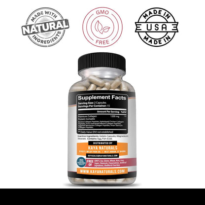 Kaya Naturals Multi-Collagen-Peptiden-Komplex-Pulver für Frauen und Männer – Kapseln mit Kollagen Typ I, II, III, V & X für Haare, Haut, Nägel und Anti-Aging – 30 Kapseln