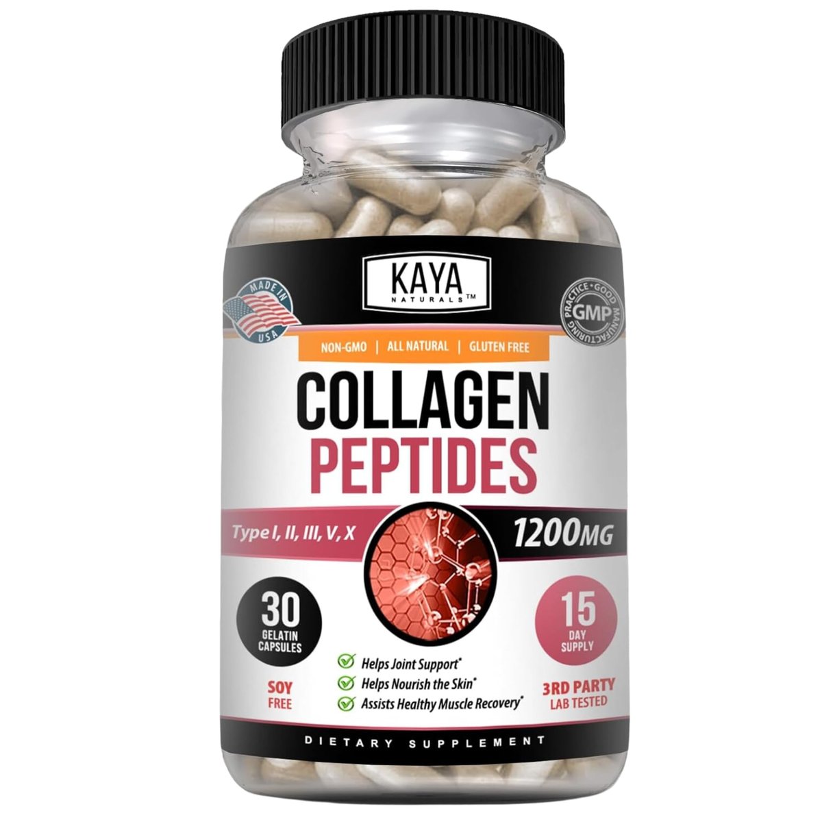 Kaya Naturals Multi-Collagen-Peptiden-Komplex-Pulver für Frauen und Männer – Kapseln mit Kollagen Typ I, II, III, V & X für Haare, Haut, Nägel und Anti-Aging – 30 Kapseln