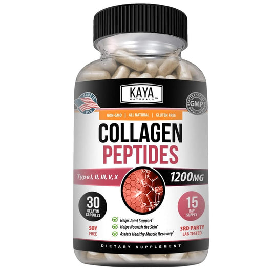Kaya Naturals Multi-Collagen-Peptiden-Komplex-Pulver für Frauen und Männer – Kapseln mit Kollagen Typ I, II, III, V & X für Haare, Haut, Nägel und Anti-Aging – 30 Kapseln