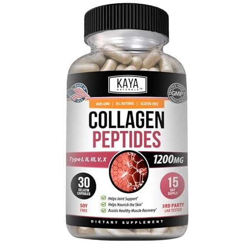 Kaya Naturals Multi-Collagen-Peptiden-Komplex-Pulver für Frauen und Männer – Kapseln mit Kollagen Typ I, II, III, V & X für Haare, Haut, Nägel und Anti-Aging – 30 Kapseln