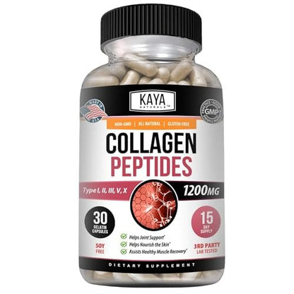 Kaya Naturals Multi-Collagen-Peptiden-Komplex-Pulver für Frauen und Männer – Kapseln mit Kollagen Typ I, II, III, V & X für Haare, Haut, Nägel und Anti-Aging – 30 Kapseln