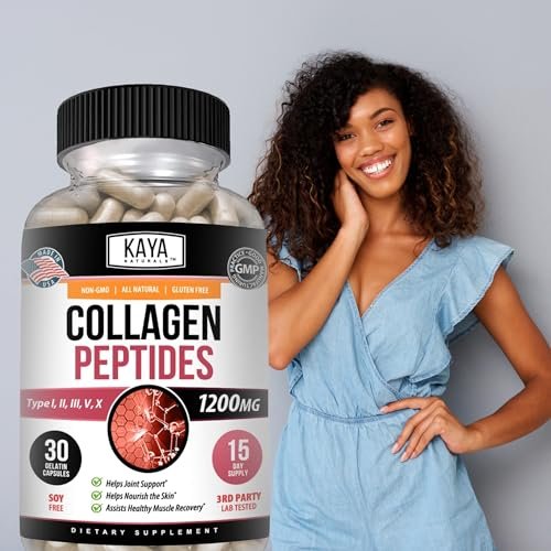 Kaya Naturals Multi-Collagen-Peptiden-Komplex-Pulver für Frauen und Männer – Kapseln mit Kollagen Typ I, II, III, V & X für Haare, Haut, Nägel und Anti-Aging – 30 Kapseln
