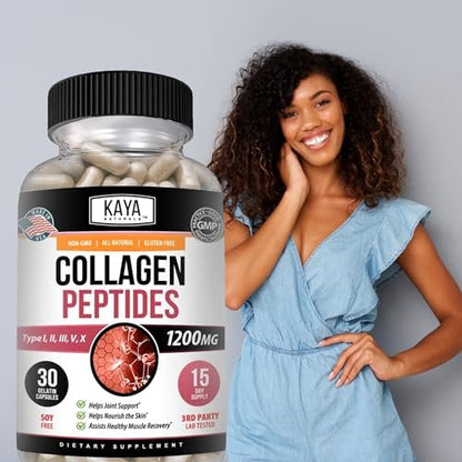 Kaya Naturals Multi-Collagen-Peptiden-Komplex-Pulver für Frauen und Männer – Kapseln mit Kollagen Typ I, II, III, V & X für Haare, Haut, Nägel und Anti-Aging – 30 Kapseln