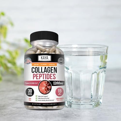 Kaya Naturals Multi-Collagen-Peptiden-Komplex-Pulver für Frauen und Männer – Kapseln mit Kollagen Typ I, II, III, V & X für Haare, Haut, Nägel und Anti-Aging – 30 Kapseln