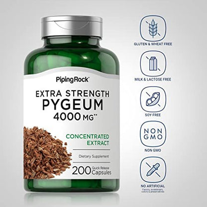 Piping Rock Pygeum Extra Stark | 200 Kapseln | Pygeum Africanum Rindenextrakt | Für Männer und Frauen | Nicht-GVO, Glutenfrei