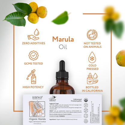 HBNO Bio-Marula-Öl – Riesige 120 ml Wertgröße – USDA-zertifiziertes Bio-Marulakernöl, kaltgepresst für Gesicht, Körper, Lippen, Shampoo & Conditioner