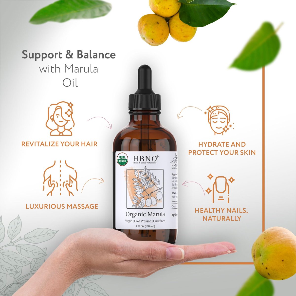HBNO Bio-Marula-Öl – Riesige 120 ml Wertgröße – USDA-zertifiziertes Bio-Marulakernöl, kaltgepresst für Gesicht, Körper, Lippen, Shampoo & Conditioner