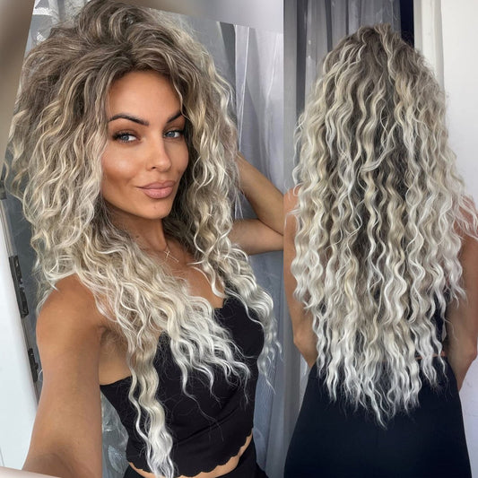 GNIMEGIL 26 Zoll Ombre Ash Blonde Lockige Perücke 80s Lange Wellenperücke für Frauen Flauschige Synthetik Karneval Party Halloween Kostüm Große Volumen Haare Braun Blond Realistische Frisur