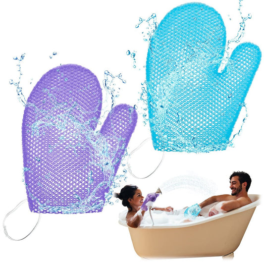 Karenhi 2er-Pack Waben-Peeling-Handschuh für Körperpeeling, Bade-Massage-Handschuh, schnell trocknend (Blau, Lila)