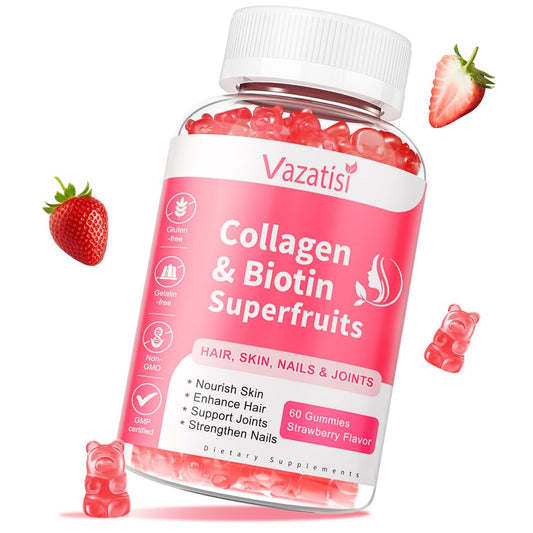 Vazatisi Zuckerfreie Kollagen-Gummis für Frauen und Männer, Multi-Kollagen-Peptide Typ I II III V X mit Biotin, Vitamin A, B, C, D, E für Haut, Haare, Nägel, Erdbeergeschmack, 60 Stück