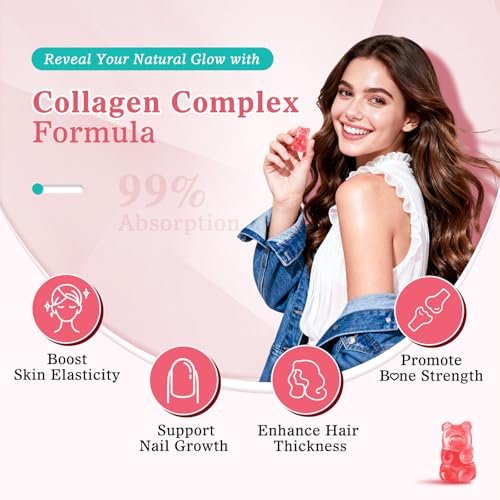Vazatisi Zuckerfreie Kollagen-Gummis für Frauen und Männer, Multi-Kollagen-Peptide Typ I II III V X mit Biotin, Vitamin A, B, C, D, E für Haut, Haare, Nägel, Erdbeergeschmack, 60 Stück