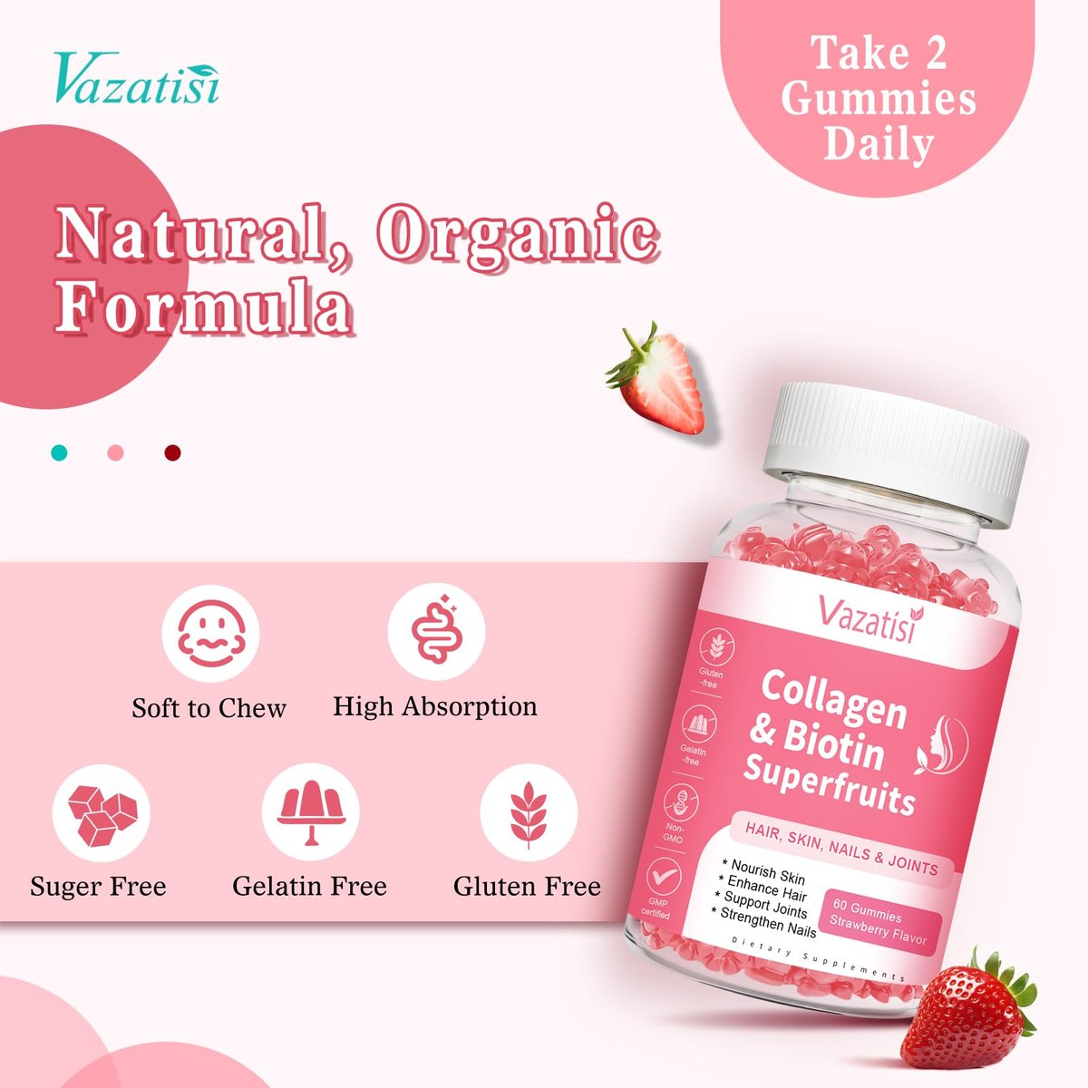 Vazatisi Zuckerfreie Kollagen-Gummis für Frauen und Männer, Multi-Kollagen-Peptide Typ I II III V X mit Biotin, Vitamin A, B, C, D, E für Haut, Haare, Nägel, Erdbeergeschmack, 60 Stück
