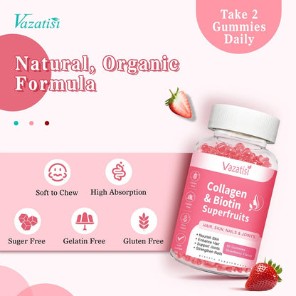Vazatisi Zuckerfreie Kollagen-Gummis für Frauen und Männer, Multi-Kollagen-Peptide Typ I II III V X mit Biotin, Vitamin A, B, C, D, E für Haut, Haare, Nägel, Erdbeergeschmack, 60 Stück