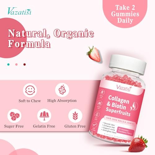 Vazatisi Zuckerfreie Kollagen-Gummis für Frauen und Männer, Multi-Kollagen-Peptide Typ I II III V X mit Biotin, Vitamin A, B, C, D, E für Haut, Haare, Nägel, Erdbeergeschmack, 60 Stück