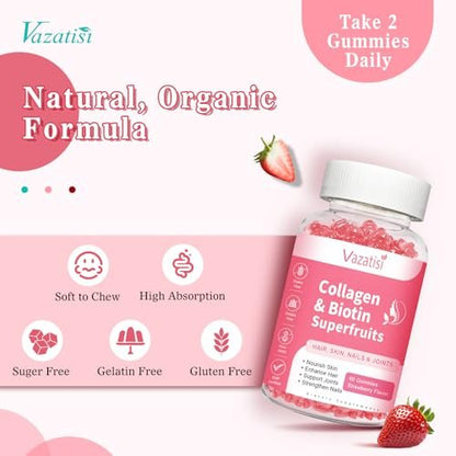 Vazatisi Zuckerfreie Kollagen-Gummis für Frauen und Männer, Multi-Kollagen-Peptide Typ I II III V X mit Biotin, Vitamin A, B, C, D, E für Haut, Haare, Nägel, Erdbeergeschmack, 60 Stück