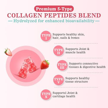 Vazatisi Zuckerfreie Kollagen-Gummis für Frauen und Männer, Multi-Kollagen-Peptide Typ I II III V X mit Biotin, Vitamin A, B, C, D, E für Haut, Haare, Nägel, Erdbeergeschmack, 60 Stück