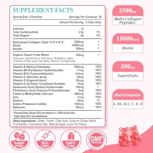 Vazatisi Zuckerfreie Kollagen-Gummis für Frauen und Männer, Multi-Kollagen-Peptide Typ I II III V X mit Biotin, Vitamin A, B, C, D, E für Haut, Haare, Nägel, Erdbeergeschmack, 60 Stück