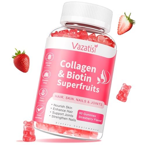 Vazatisi Zuckerfreie Kollagen-Gummis für Frauen und Männer, Multi-Kollagen-Peptide Typ I II III V X mit Biotin, Vitamin A, B, C, D, E für Haut, Haare, Nägel, Erdbeergeschmack, 60 Stück