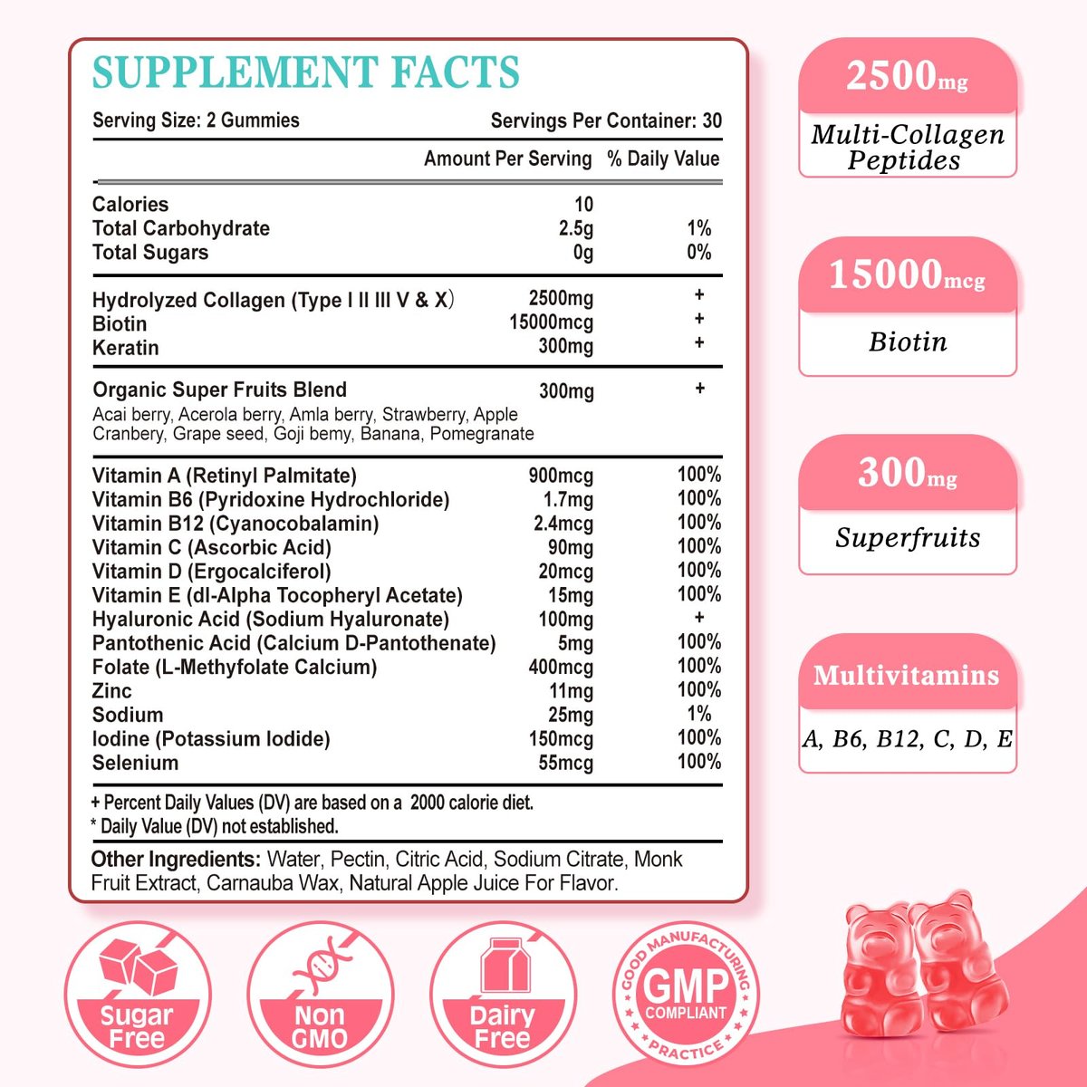 Vazatisi Zuckerfreie Kollagen-Gummis für Frauen und Männer, Multi-Kollagen-Peptide Typ I II III V X mit Biotin, Vitamin A, B, C, D, E für Haut, Haare, Nägel, Erdbeergeschmack, 60 Stück