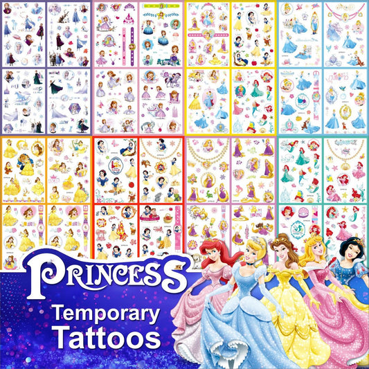 Prinzessin Tattoos für Kinder, 40 Blatt Cartoon-Tattoos Partygeschenk-Set für Mädchen und Jungen, 9 Arten von süßen Prinzessinnen-Serien temporäre Tattoo-Aufkleber, temporäre Tattoo-Aufkleber für Kinderparty-Dekoration