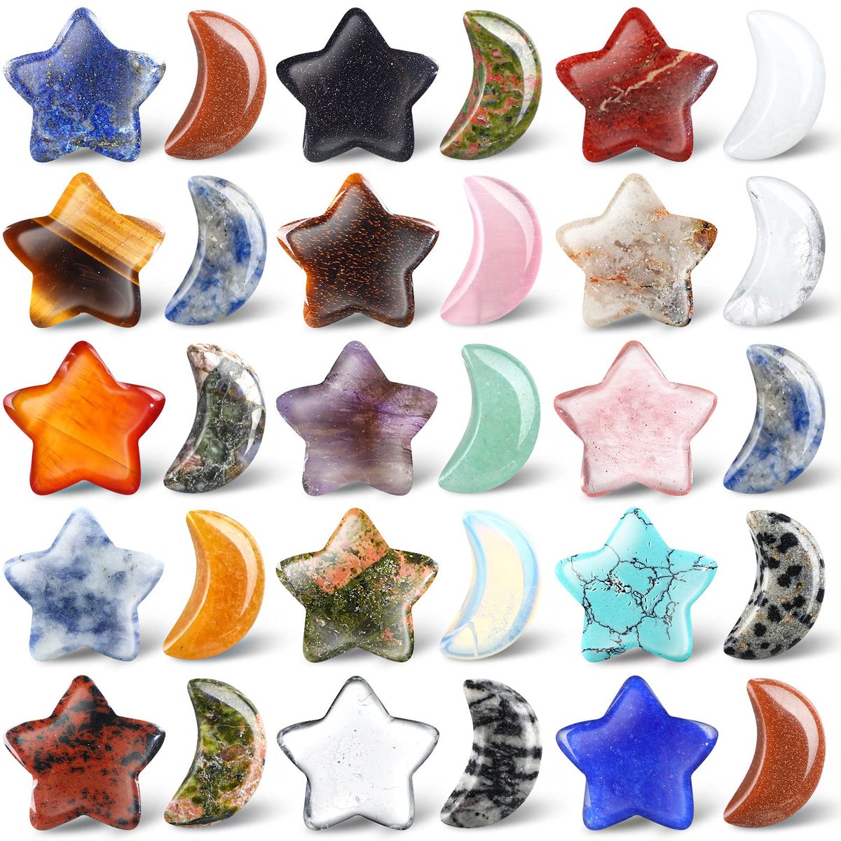 Nuenen 30er Set Sorgensteine in Mond- und Sternform – Handgeschliffene Edelsteine für Meditation, DIY-Geschenke und Hexenzubehör (Klassische Farben)