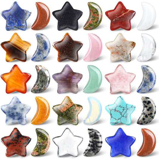 Nuenen 30er Set Sorgensteine in Mond- und Sternform – Handgeschliffene Edelsteine für Meditation, DIY-Geschenke und Hexenzubehör (Klassische Farben)